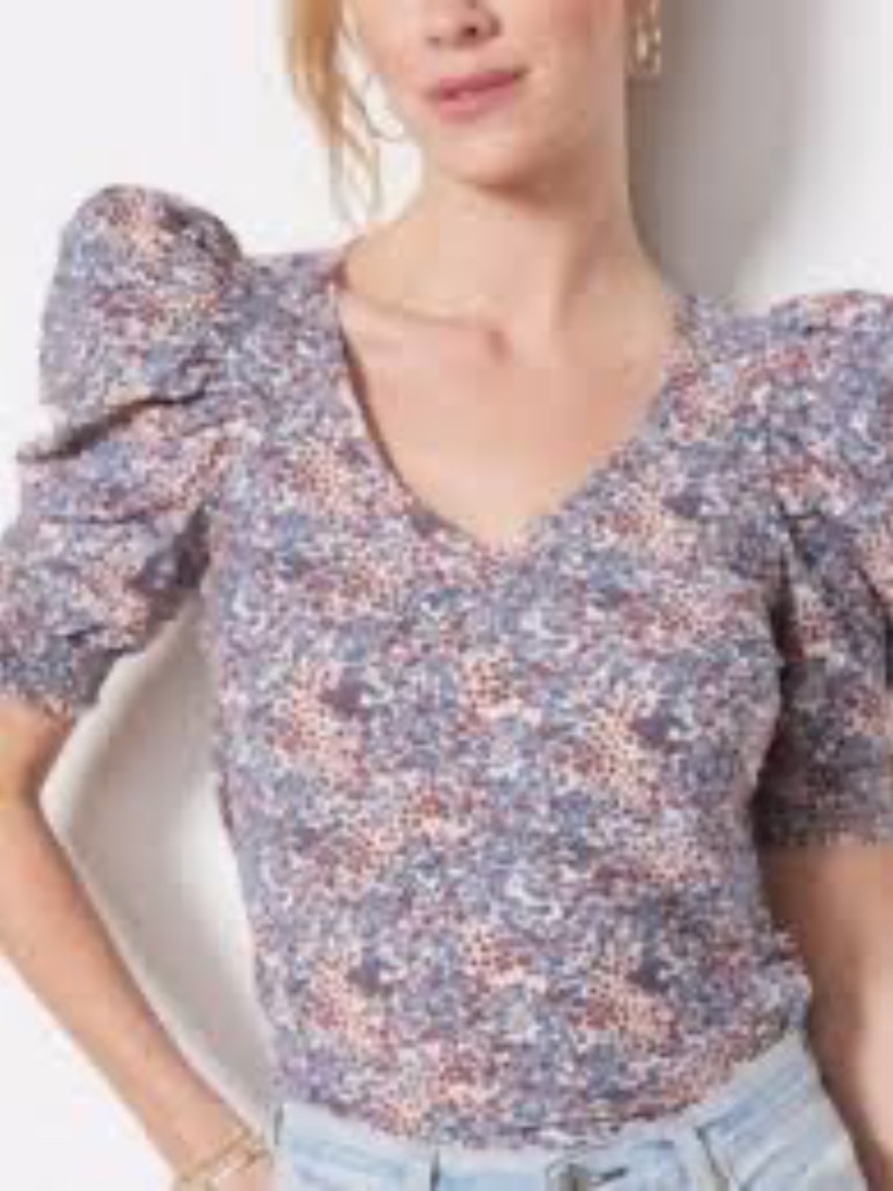Nation LTD Puff-Sleeve V-Neck Blouse in Dusty Rose and Blue